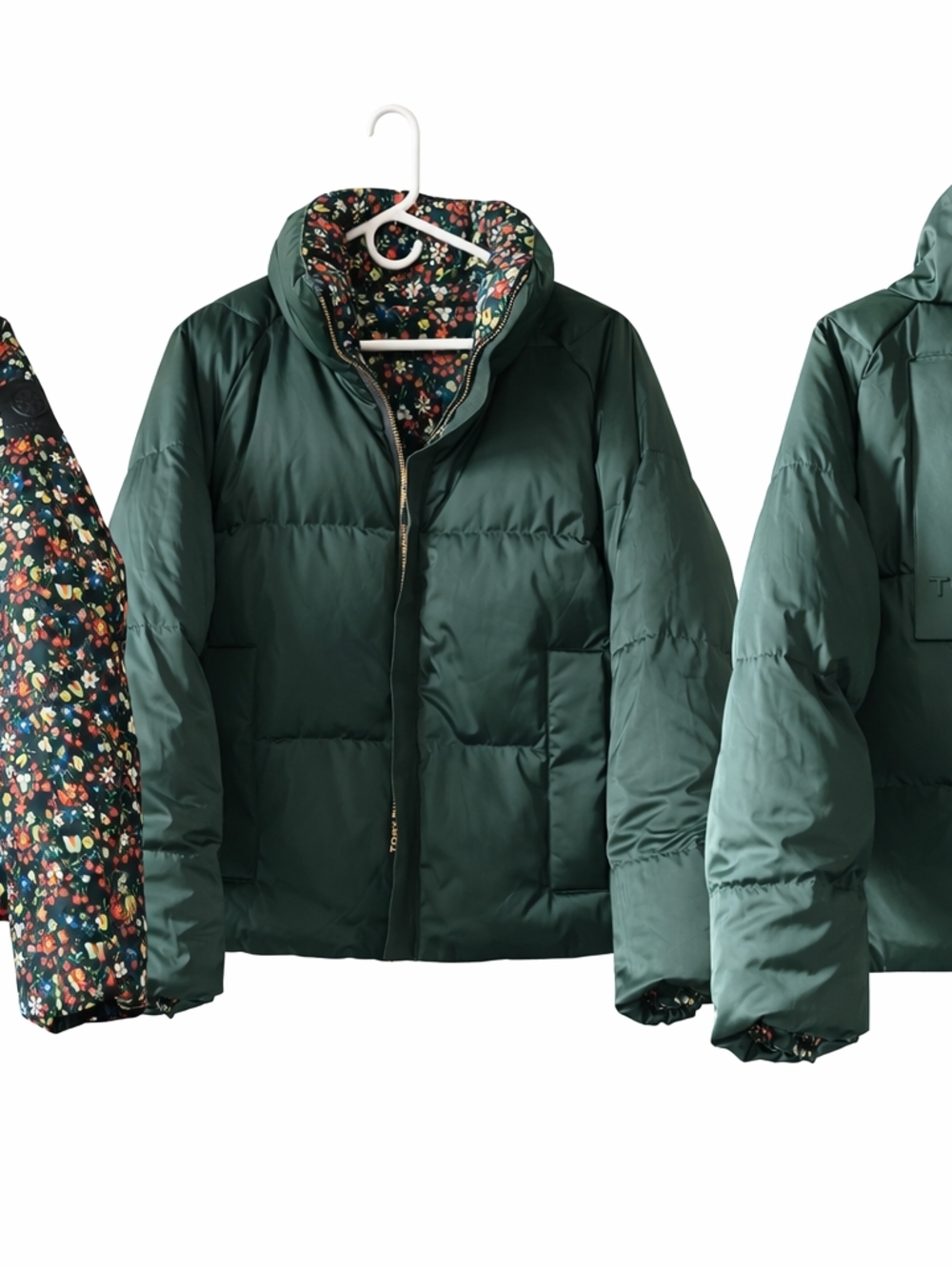 Tory Burch Forest Green Reversible Puffer Jacket with Floral Lining